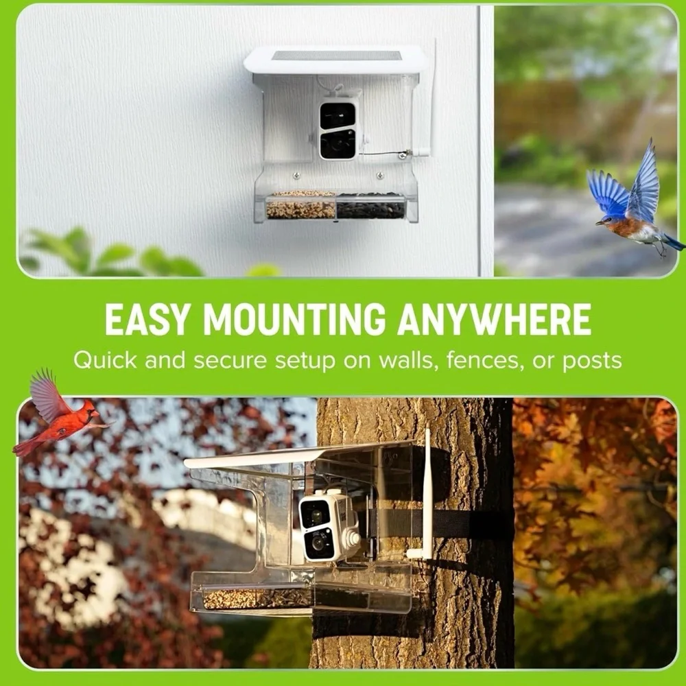 Bird Feeder Smart Camera Nest-Flix/Clear/Charging panel on top. Nature Anywhere.